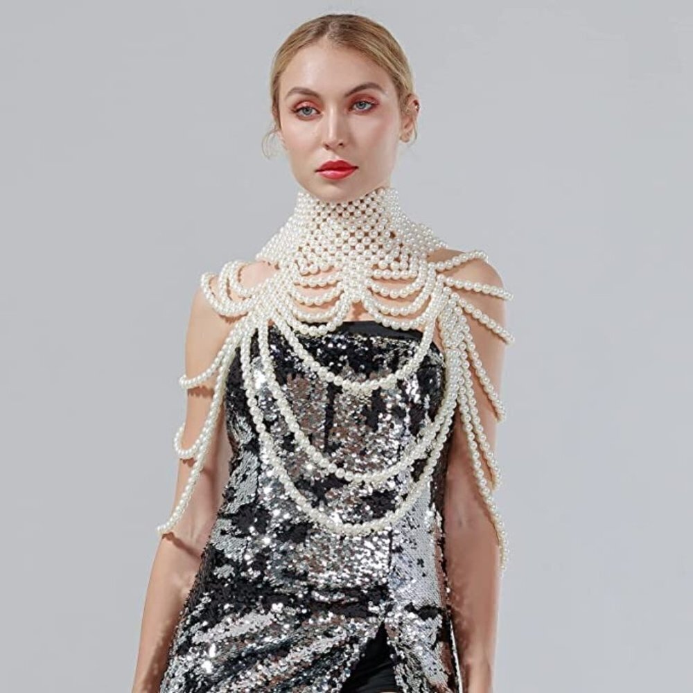 𝅺WHITE Pearl Body Chain Sexy Bra Fashion Shoulder Necklaces Harness Jewelry Sexy